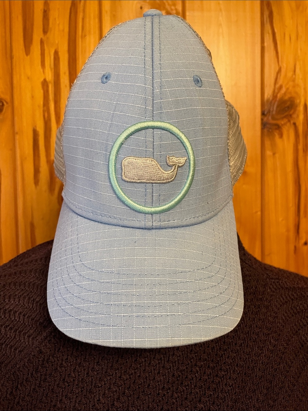 Vineyard Vines Light Blue Whale Logo Trucker Hat embroidered rip stop material